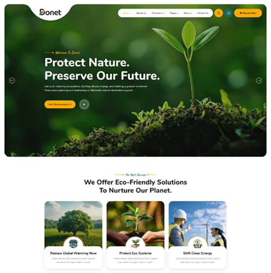 Page d'accueil d'un site web avec pousse verte et menu de navigation