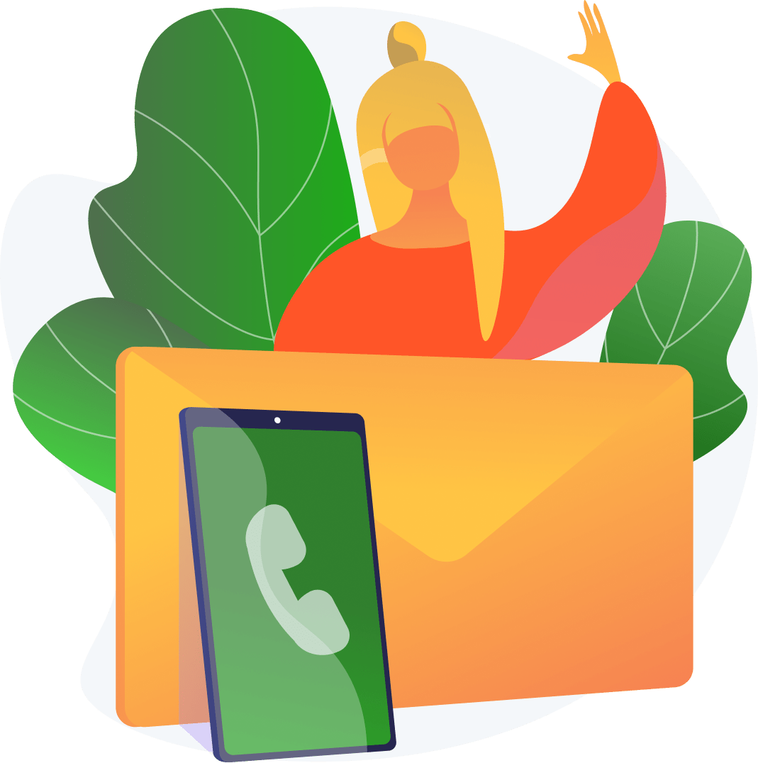 Illustration d'une femme souriante entourée de feuilles avec téléphone et enveloppe